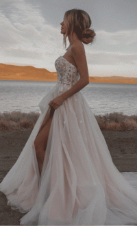 Stella York 7560  Boho style wedding dress with appliquéd strapless Sweetheart bodice & thigh high slit in skirt- Modern Bridal Design