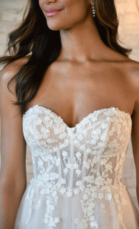 Stella York 7560  Boho style wedding dress with appliquéd strapless Sweetheart bodice & thigh high slit in skirt