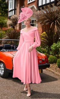 Veni Infantino 29677 - Coral Chiffon dress with Off the shoulder neckline & sleeves 