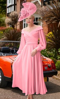 Veni Infantino 29677 - Coral Chiffon dress with Off the shoulder neckline & sleeves 