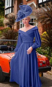 Veni Infantino 29677 - Royal Blue Chiffon dress with Off the shoulder neck & sleeve