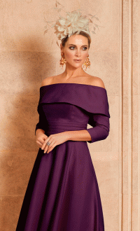 Veni Infantino 29668C  Aubergine /Plum A-line Crepe dress with off the shoulder, Bateau Neckline &  3/4 length sleeves -