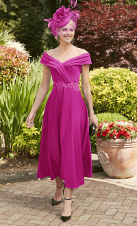 Veni Infantino 29680  Magenta Pink  A-line calf length Crepe dress with off the shoulder Neckline  