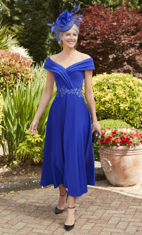 Veni Infantino 29680  Sapphire Blue  A-line calf length Crepe dress with off the shoulder Neckline  