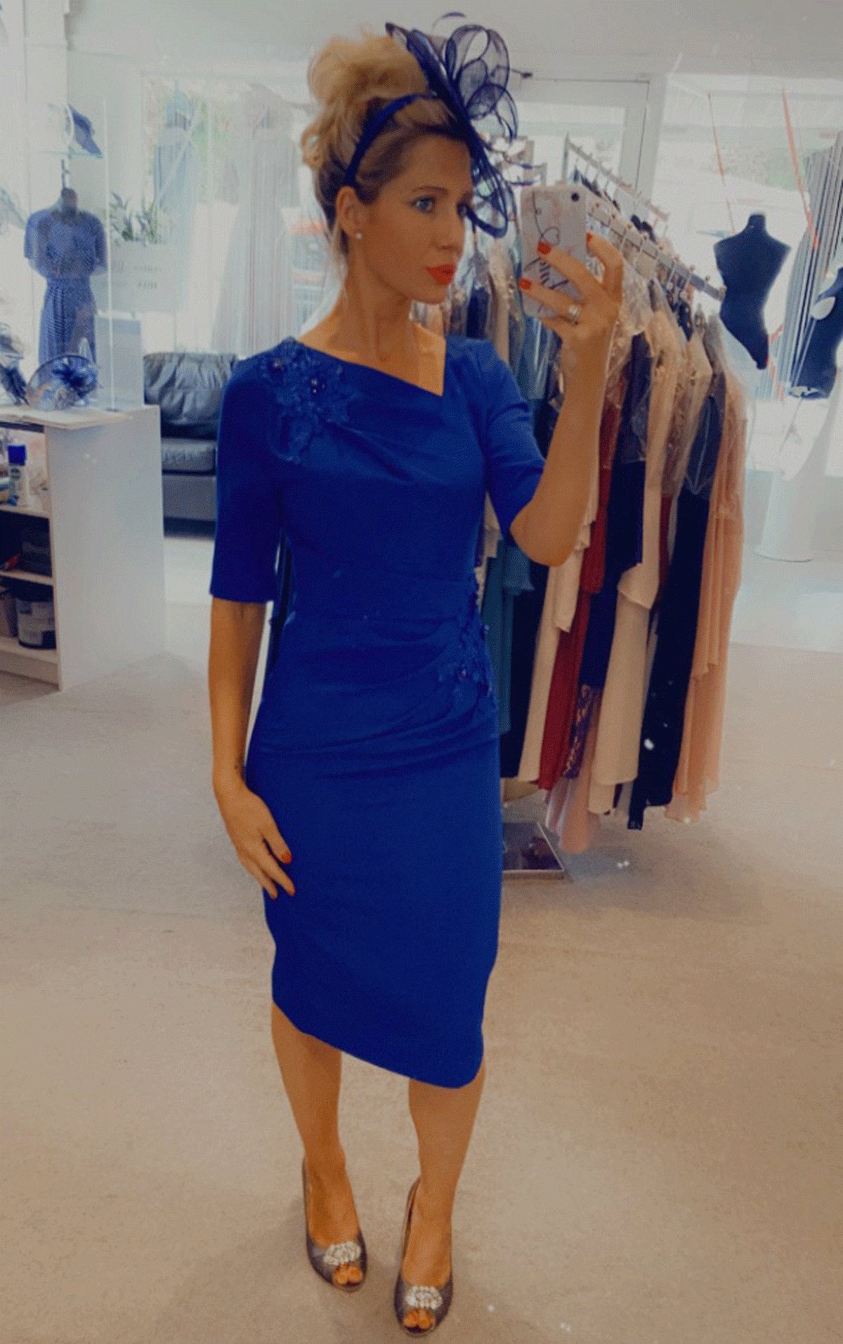 9080 - Sizes 12, 14, 18  Now £114.00 - Striking Cobalt Blue dress with Asymmetric neckline and elbow length sleeves- Ladies Occasion Dresses for Weddings, The Races, Christenings and special dress up events at Occasions by Blessings 1 Loyal Parade, Mill Rise, Westdene, Brighton. East Sussex BN1 5GG Telephone: 01273 505766 Email: occasions@blessingsbridal.co.uk