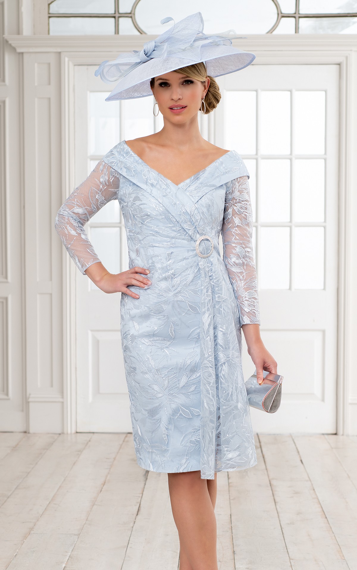 Ispirato ISH 814 - Ispirato ISH814  fitted Lace portrait neckline  dress with sleeves - Brighton's leading stockist for Mother of the Bride, Mother of the Groom & lady guest outfits - Occasions at Blessings 1 Loyal Parade, Mill rIse, Westdene,  Brighton. East Sussex BN1 5GG T: 01273 505766 E:occasions@blessingsbridal.co.uk