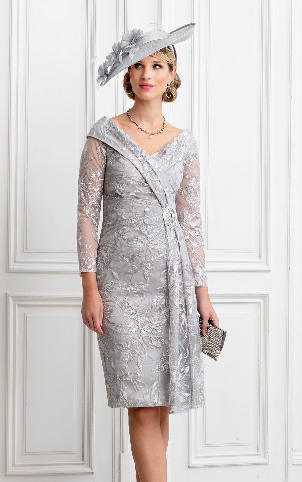 Ispirato ISH 814 - Ispirato ISH814  fitted Lace portrait neckline  dress with sleeves - Brighton's leading stockist for Mother of the Bride, Mother of the Groom & lady guest outfits - Occasions at Blessings 1 Loyal Parade, Mill rIse, Westdene,  Brighton. East Sussex BN1 5GG T: 01273 505766 E:occasions@blessingsbridal.co.uk