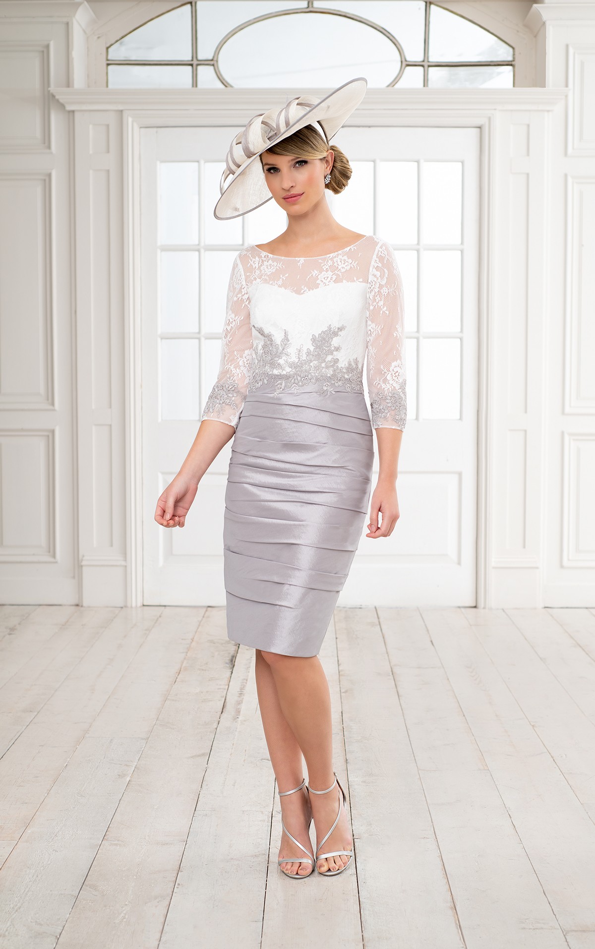 Ispirato ISH 909 - 12, 16, 22 - Ispirato ISH909  fitted ruched Taffeta dress with high neck lace bodice & 3/4 lace sleeves & fitted jacket - Brighton's leading stockist for Mother of the Bride, Mother of the Groom & lady guest outfits - Occasions at Blessings 1 Loyal Parade, Mill rIse, Westdene,  Brighton. East Sussex BN1 5GG T: 01273 505766 E:occasions@blessingsbridal.co.uk