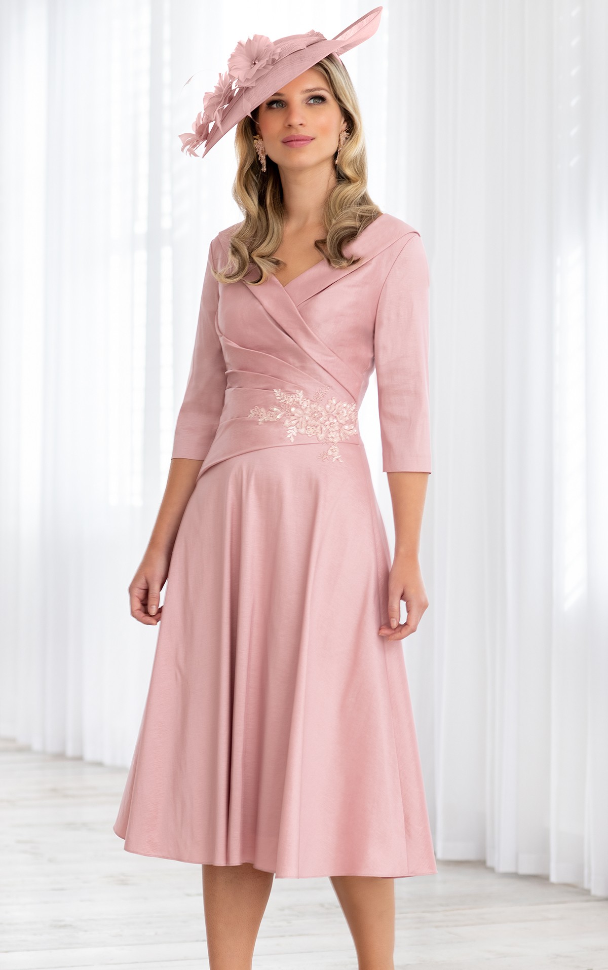 Ispirato - ISH 822 - Size 22 - Ispirato ISH822  Rose pink Taffeta dress with fitted ruched bodice with V  neckline  & 3/4 length sleeves & A line skirt - Brighton's leading stockist for Mother of the Bride, Mother of the Groom & lady guest outfits - Occasions at Blessings 1 Loyal Parade, Mill rIse, Westdene,  Brighton. East Sussex BN1 5GG T: 01273 505766 E:occasions@blessingsbridal.co.uk