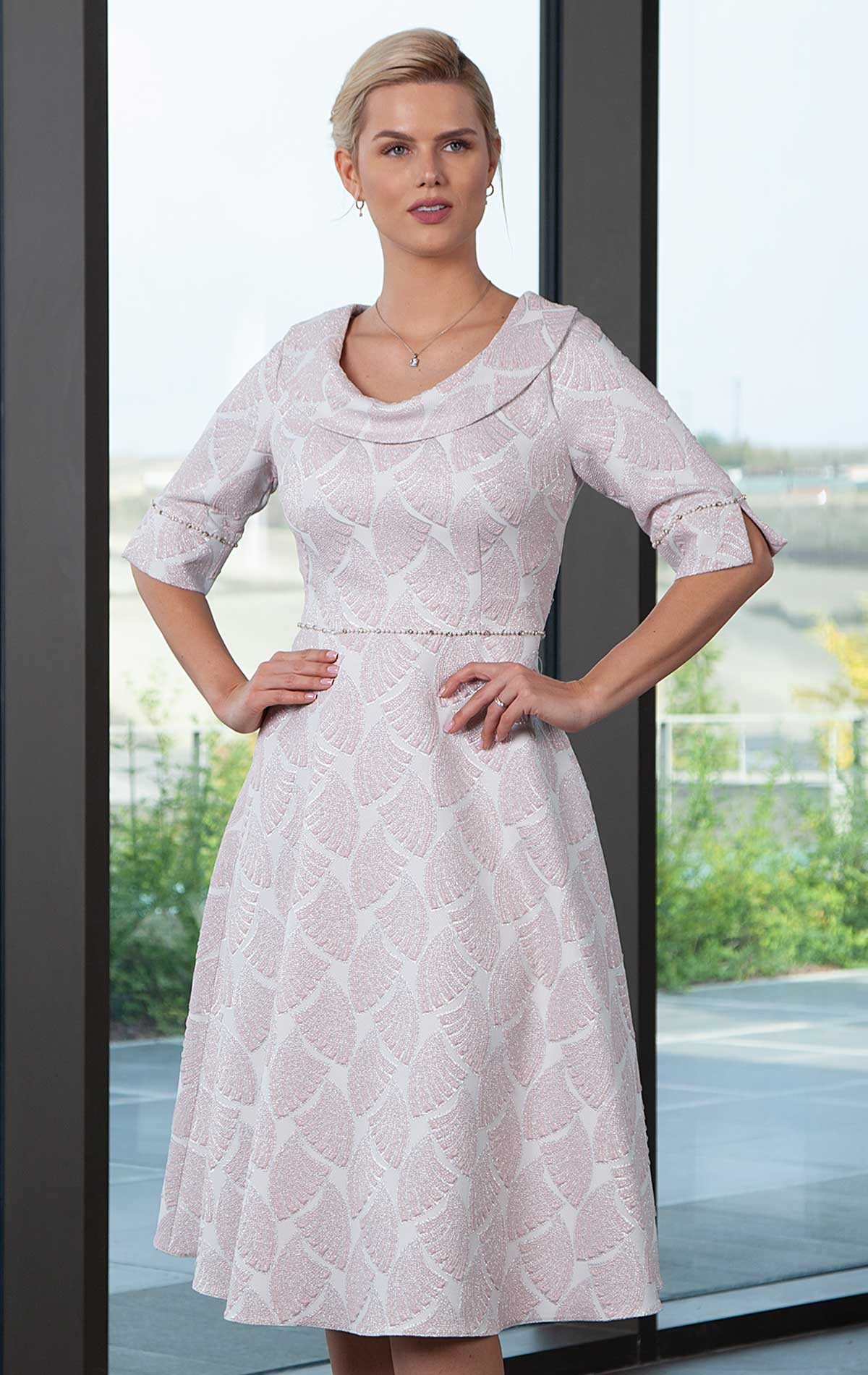 2987 - Size 12 & 14 - Lizabella 2987,  Pale Pink  Occasion  dress with Bateau neckline & elbow length sleeves. Mother of the Bride & Mother of the Groom outfits at  Occasions by Blessings Ladies Occasion Wear Shop  - 1 Loyal Parade, Mill Rise, Westdene, Brighton. East Sussex. BN1 5GG.