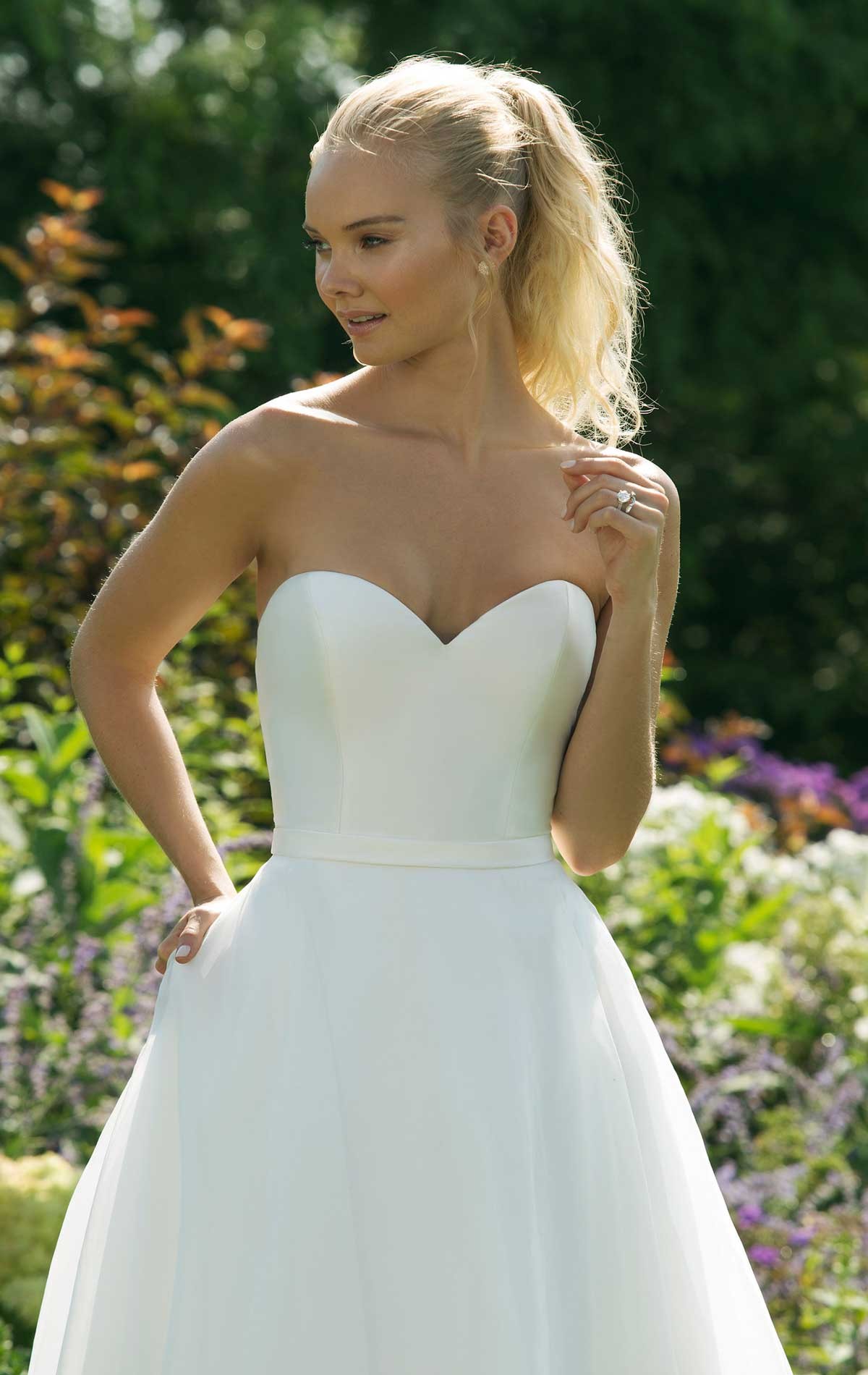 11005 - Sadé Size 14 - Sweetheart 11005 by Justin Alexander,  Modern wedding dress with Strapless Mikado bodice & A-line Organza skirt with pockets.   Affordable Wedding Dress collection at Blessings Bridal Shop, Westdene, Brighton, East Sussex, BN1 5GG. Telephone: 01273 505766