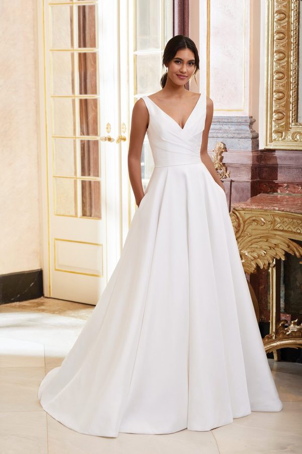 Justin Alexander 44080, Simple Mikado wedding dress with pockets at Blessings Of Brighton wedding shop E.Sussex