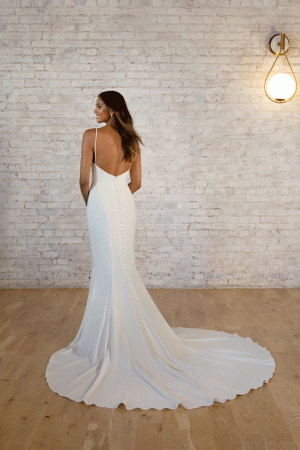 Simple Crepe wedding dress with spaghetti straps and button back