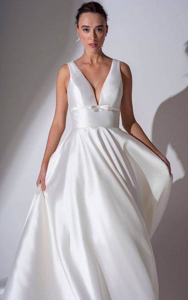 Freda Bennet Lennox wedding dress - Luxe Mikado A-line with deep V neckline - Designer dresses at Blessings Of Brighton, Westdene, Brighton. E. Sussex. BN1 5GG T: 01273 505766 E:info@blessingsbridal.co.uk