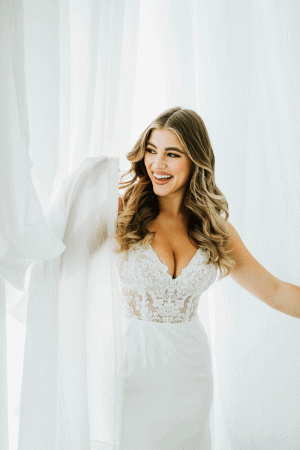 Stella York 7568 Slim fitting Crepe dress with sheer lace V neck bodice - Stella York wedding dress collection at Blessings Of Brighton, E.Sussex BN1 5GG