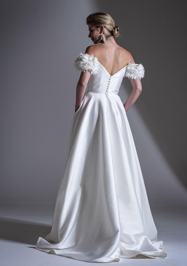 Freda Bennet Romily wedding dress with Aline skirt and pockets available at Blessings Of Brighton