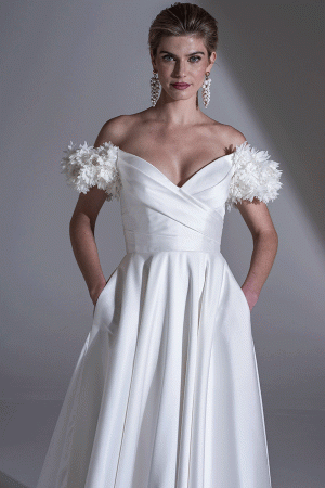 freda Bennet Romily, Mikado wedding dress with pockets available at Blessings Of Brighton
