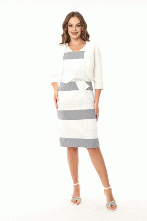 A woman wearing a white and gray striped dress with product code Lizabella - 2583, paired with a white blazer, smiles while standing against a white background.