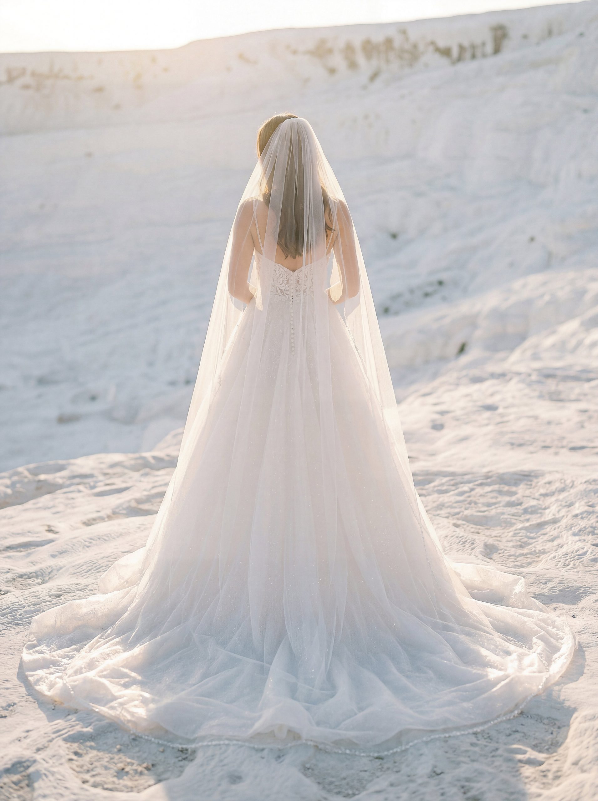 A bride wearing the “Toscana” (1050027) flowing white wedding dress and veil stands on a sunlit, snowy landscape, facing away.